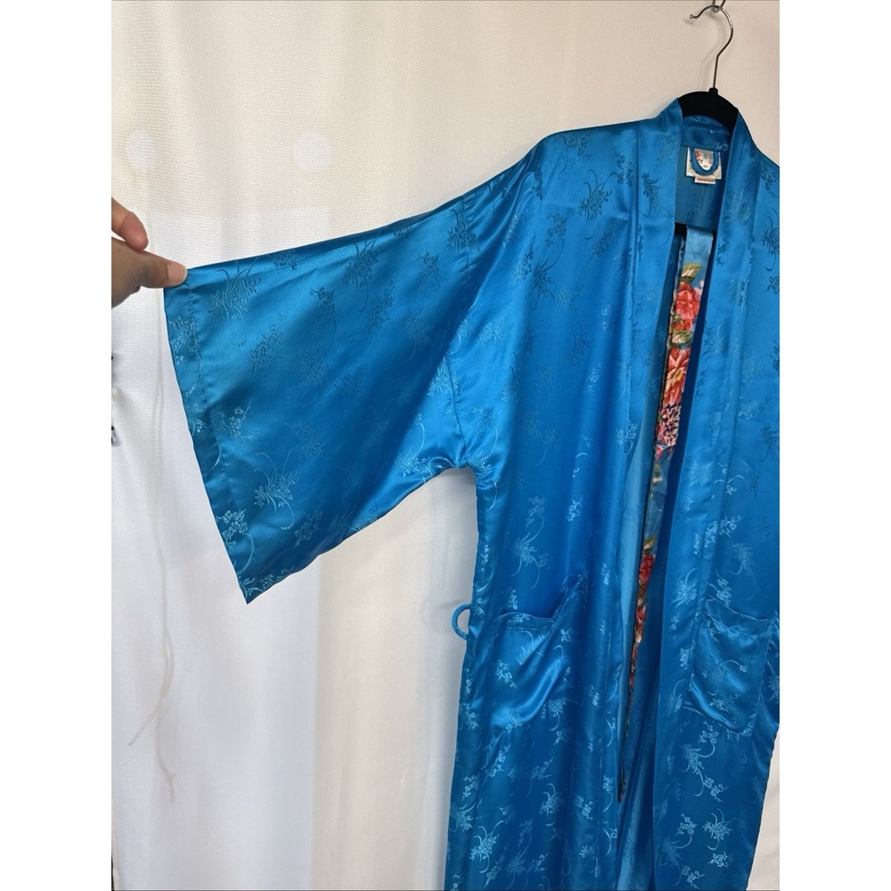 VTG Lotus Brand Blue Floral Jacquard Maxi Pure Silk Satin Kimono Dress M Asian - Picture 2 of 10